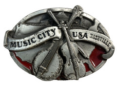 Vintage Siskiyo Belt Buckle Nashville Music City USA, Banjo Fiddle 1984 Red