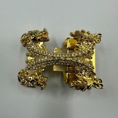 Double Dragon Rhinestone Ratchet Belt Buckle Gold Tone Automatic Slide