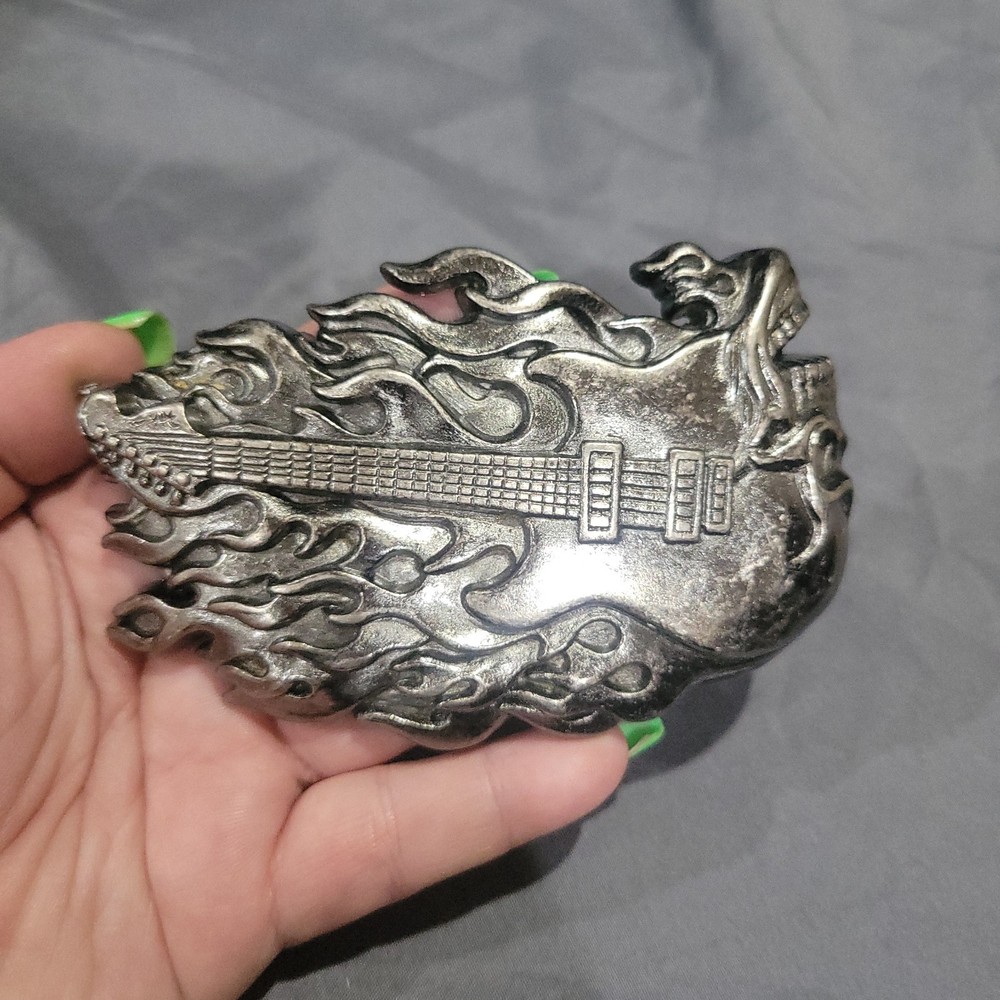 Skull Guitar Flame Belt Buckle 4 3/8&Prime; x 2 3/4&Prime; Heavy Metal Rock N Roll