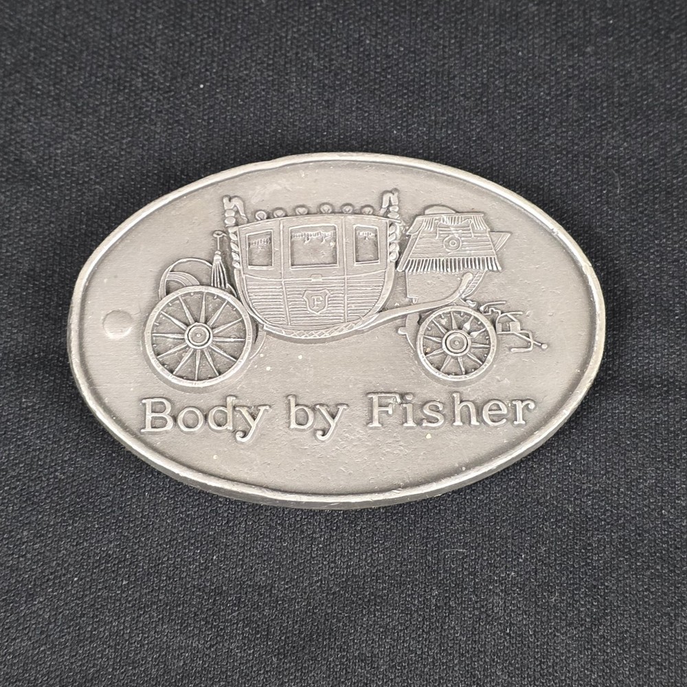 Body by Fisher Belt Buckle Pewter 3.5×2.25in Vintage Coach Car Engraved