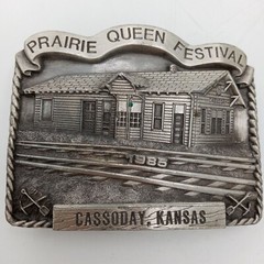 ATSF Train Depot Belt Buckle Cassoday KS 1985 Prairie Queen Festival Vintage