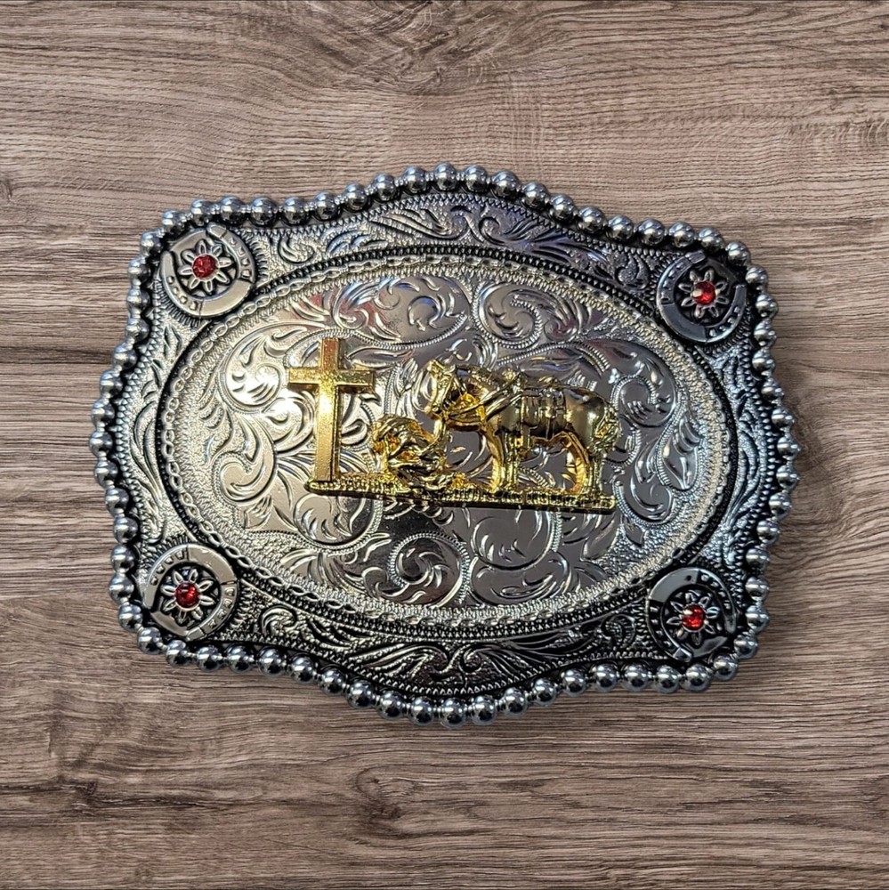 Christian Cowboy Belt Buckle For Man 4.25&Prime;x3.25&Prime; Silver Tone/Gold/Black