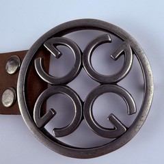Vtg-Guess Silver G Logo Circular Buckle with Light Brown / Dark Leather Belt