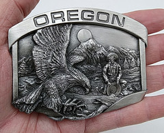 Vintage 1984 Oregon Trail Siskiyou Belt Buckle Pewter Gold Rush w/Eagle DETAILED