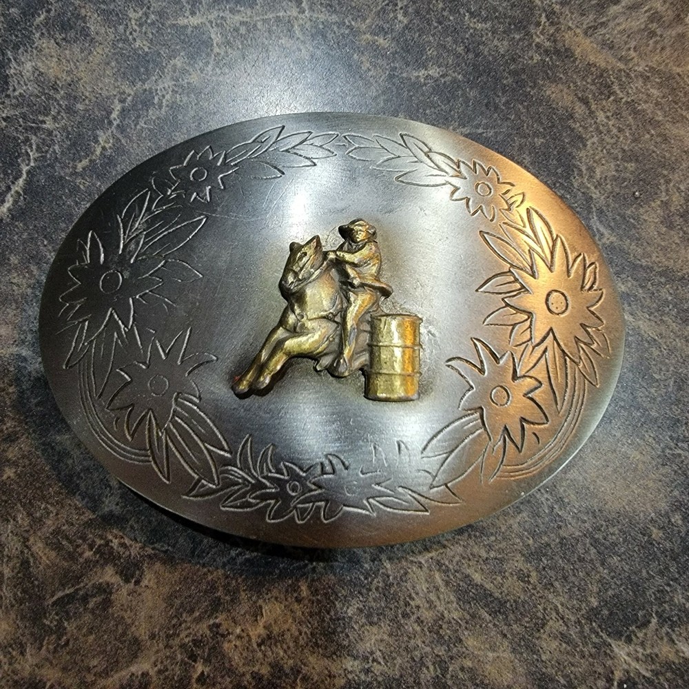 Barrel racing horse floral VINTAGE Belt Buckle Western Style Cowboy Unmarked