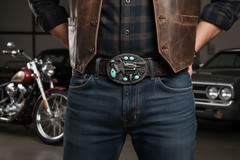 Men Western Buckle Dark Silver Color Metal Revolver Gun Feather Bull Turquoise