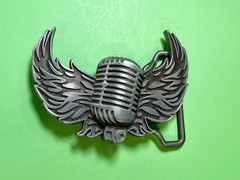 Retro Microphone Flying Mic & Wings Rock Music Silver Color Cutout Belt Buckle