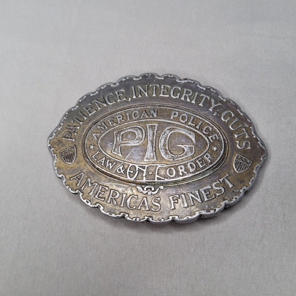 Vintage PIG American Police Belt Buckle Mens One Size Silver Law Order Oval
