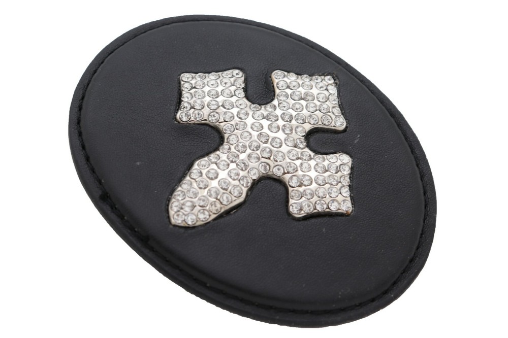 New Buckle Men Women Black Faux Leather Silver Metal Western Cowboy Rodeo Cross
