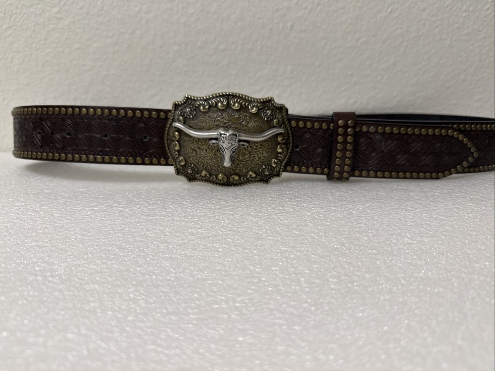 Men’s Size 33&Prime;-38&Prime; Brown Embossed Western Belt W/ Longhorn Buckle, Studded Edge