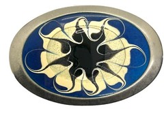 Blue Cream & Flower on Red Enamel Metal Belt Buckle Handmade