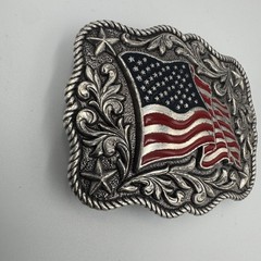 Patriotic American Flag Western Belt Buckle Silver Tone Red Blue Enamel Stars