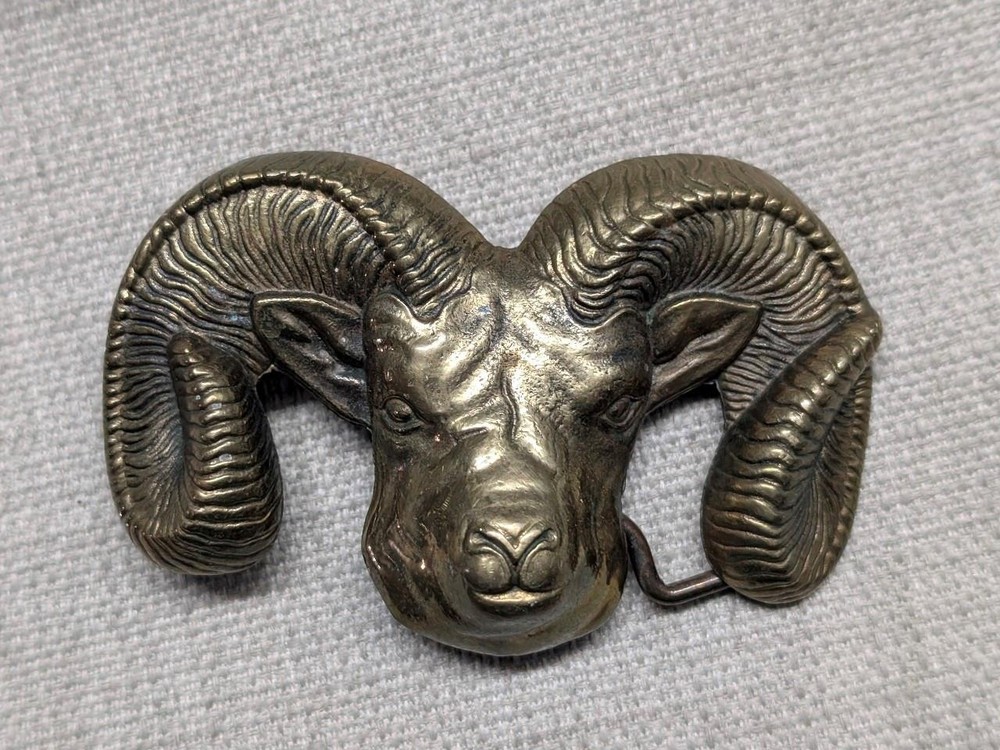 vintage 1970s belt buckle RAM longhorn SOLID BRASS mountain goat WESTERN cowboy