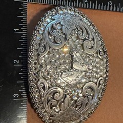 Nocona Silver Horse Head Rhinestone Western Floral Scroll Oval Belt Buckle