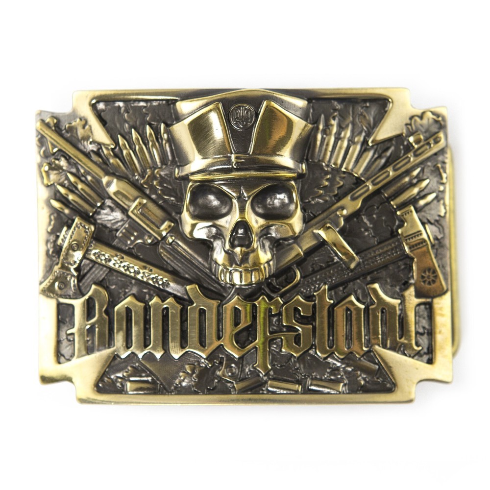 Brass belt buckle Banderstadt, Artistic sculptural fighting skull brass buckle
