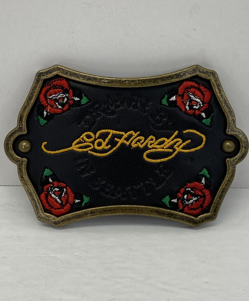 Vintage “Drawn By Ed Hardy In Seattle” Black Leather Belt Buckle w/ Roses –