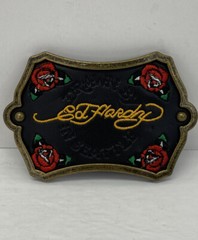 Vintage “Drawn By Ed Hardy In Seattle” Black Leather Belt Buckle w/ Roses –