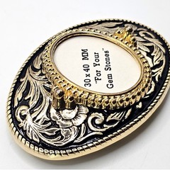 Western Floral Belt Buckle Gold Black Oval 30x40mm Gemstone Setting Made in USA