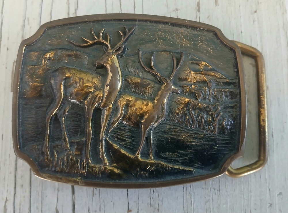 VtgBrassBeltBuckleDeerBuckHunterGoldWesternClassicBikerRockabillyUSACowboy70s80s