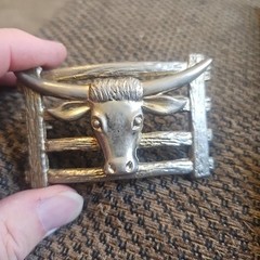 Silver-tone metal Longhorn Cow & Fence Western Style Belt Buckle 2&Prime; Belt Width