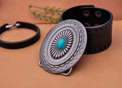 Vintage Charm Southeast Indian Ethnic Flower Turquoise Leather Belt Buckle Huge