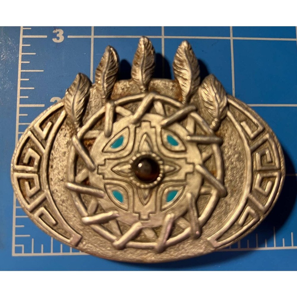Belt Buckle Silver with inlay and feathers 3-1/2&Prime; Womens Mens Unisex