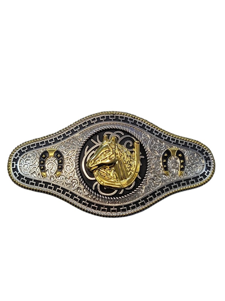 Cowboy/Charro Belt Buckle – Horse/Horse Shoe 6.5&Prime;x3.25&Prime; Silver Tone/Black/Gold