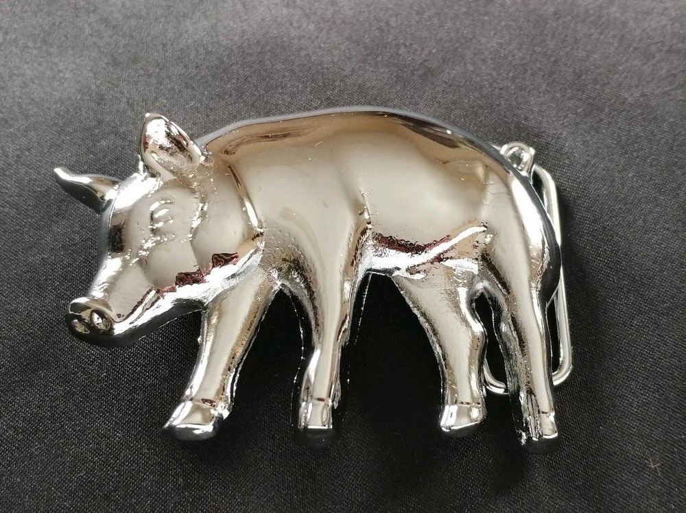 PIG FARMER HOG FARM ANIMAL CHROME PLATED SHAPED SOLID BRASS BELT BUCKLE BARON