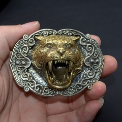 Brass & White Copper 3D Tiger Belt Buckle, Suitable for belts 1.5-in wide