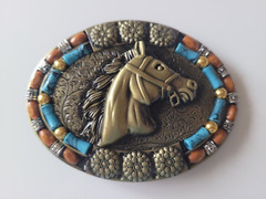 Brass Finish 4&Prime; Buckle Western Belt Buckle W/ Turquoise Stone Horse