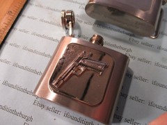 Vintage ~ Belt Buckle Flask with Gun/Pistol Design ~