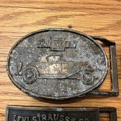 5 Vintage Brass Belt Buckles Levi’s Chevrolet Strohs Semi Trucking Made In USA
