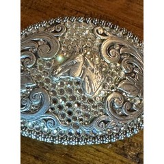 Nocona Silver Horse Head Rhinestone Western Floral Scroll Oval Belt Buckle
