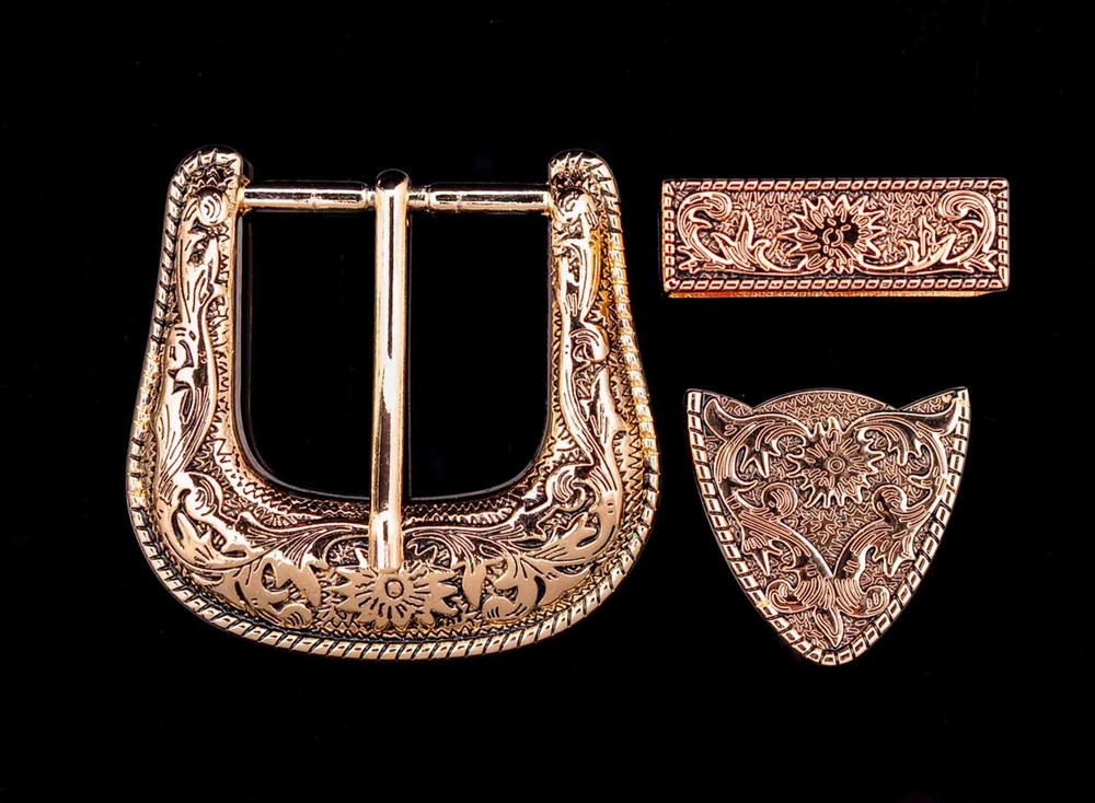 Gold Western Floral Engraved Cowboy Belt Buckle Three Piece Set Unisex 1-1/2&Prime;