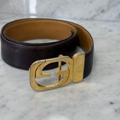 GUCCI buckle belt GG Logo Gold hardware Brown Leather Made in Italy Authentic