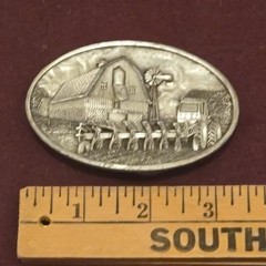 VTG Belt Buckle BARN 1984 Bergamot Brass Works Pewter Farming T 149 Made in USA