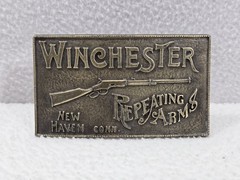 Vtg Brass Belt Buckle Winchester Repeating Arms New Haven Conn. Rifle Guns 4”