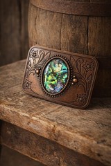 Bronze Abalone Shell Belt Buckle Engraved Floral Inlay Fits 1.5 Inch Belt