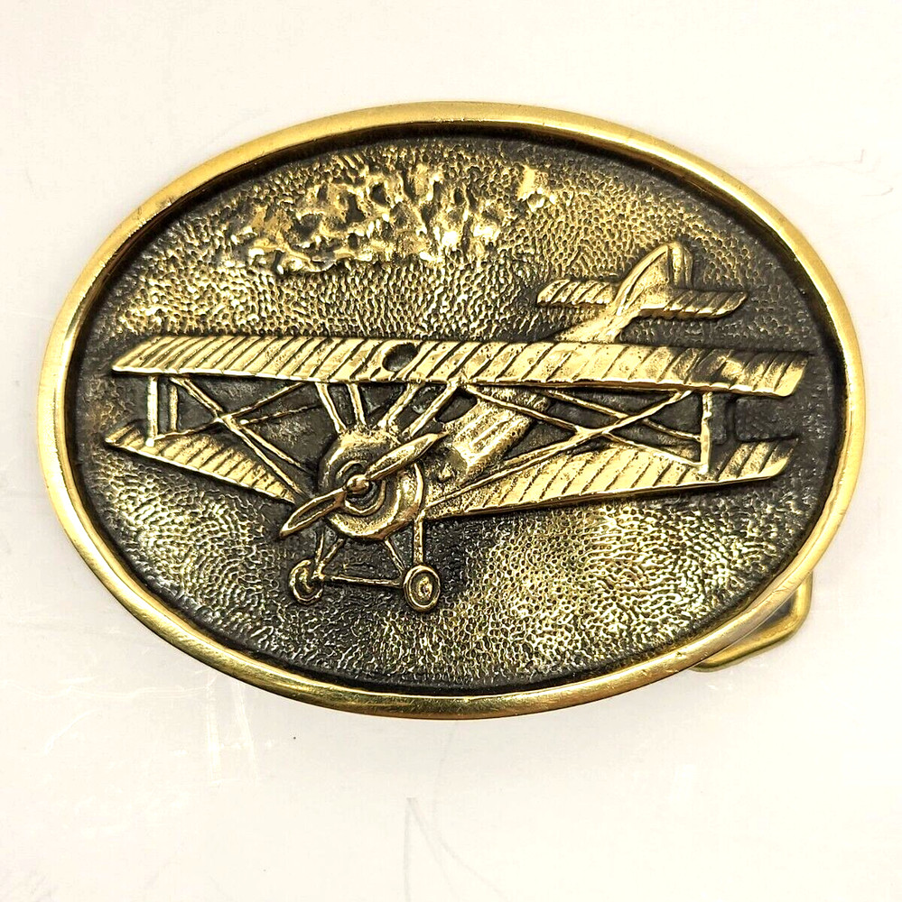 Single Propeller Aircraft Biplane Belt Buckle Solid Brass – 3 3/8&Prime; X 2 1/2&Prime; (D5)