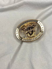 Gold Medusa Head Belt Buckle Black Greek Key Crystal Oval