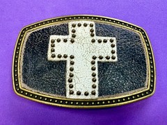 Metallic Theme Religious Cross Studded Design on White Faux Leather Belt Buckle
