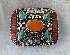 Tibetan Silver Belt Buckle Leather waist trap Turquoise Coral Clasp, B39