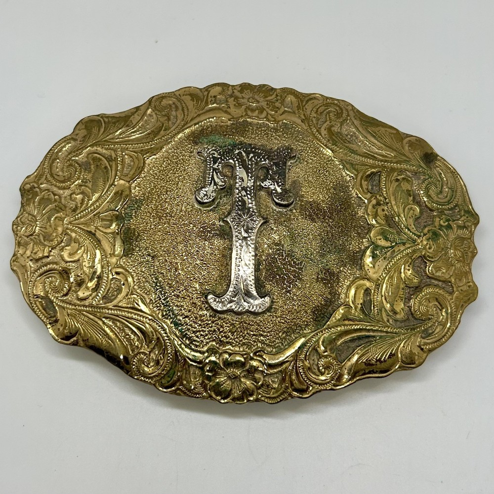 Crumrine Western Belt Buckle Monogram Letter T Gold Tone Belt Buckle