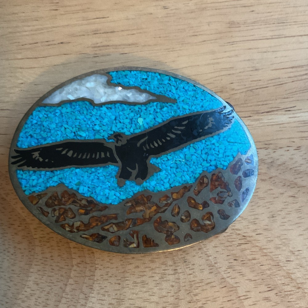 Vintage Men&rsquo;s Western Oval Metal Belt Buckle Eagle Inlay Blue