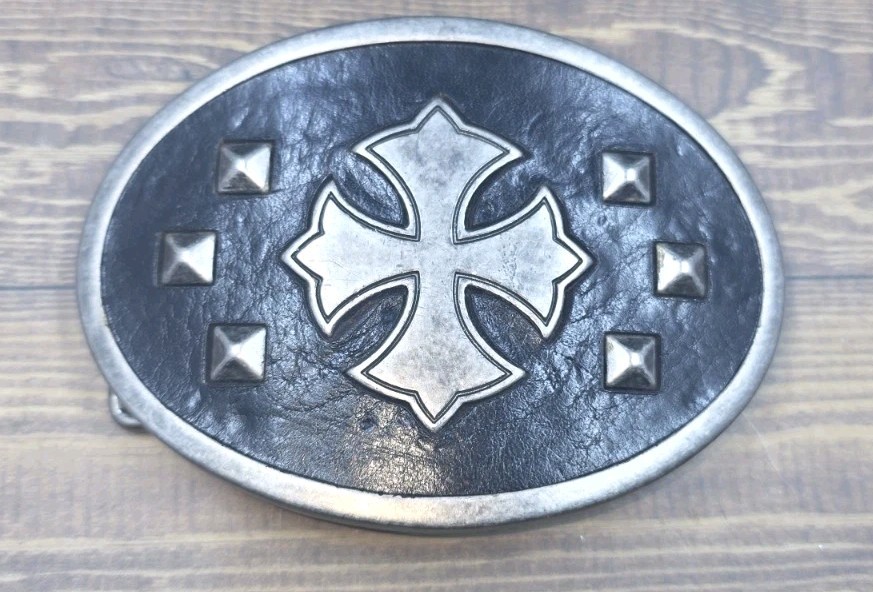 Iron Cross Religious Faith Gothic Punk on Faux Black Leather Belt Buckle (3F)
