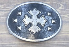 Iron Cross Religious Faith Gothic Punk on Faux Black Leather Belt Buckle (3F)