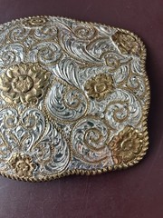 Crumrine Western Belt Buckle Two Tone Silver Gold Floral Scroll El Arturo Bronze