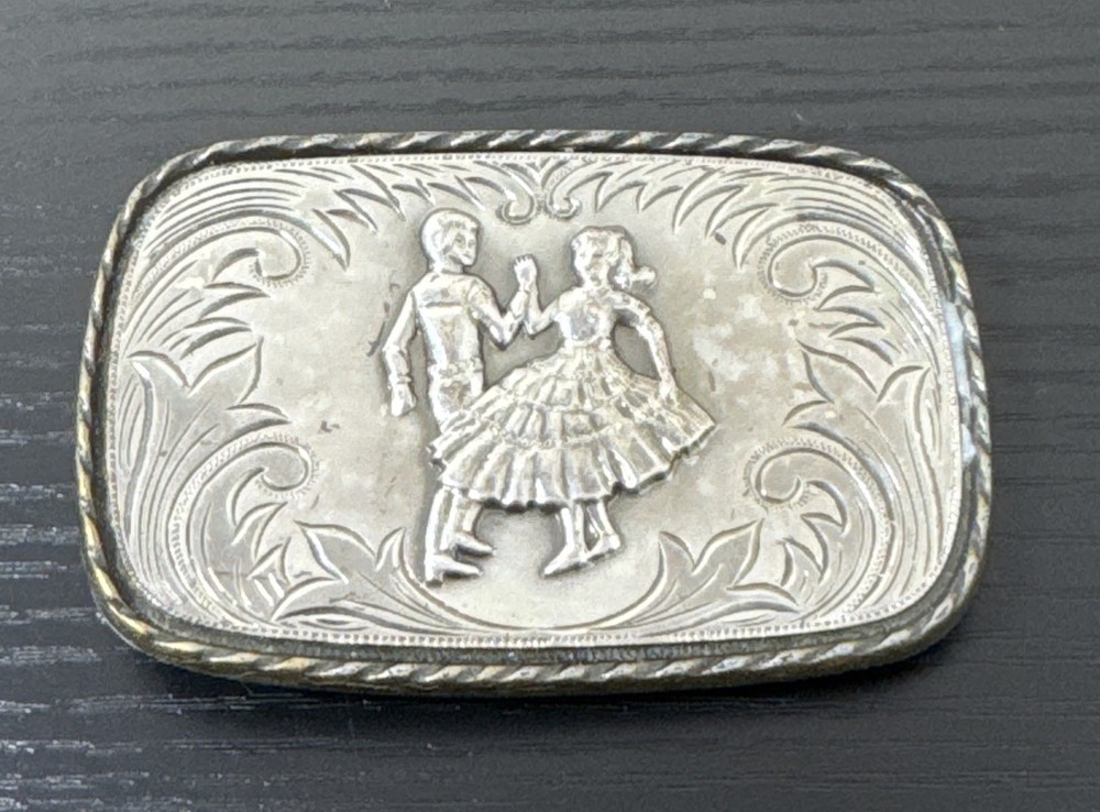 VTG 70s-80s Men&rsquo;s Women&rsquo;s Silver & Brass Tone Metal Dancing Couple Belt Buckle