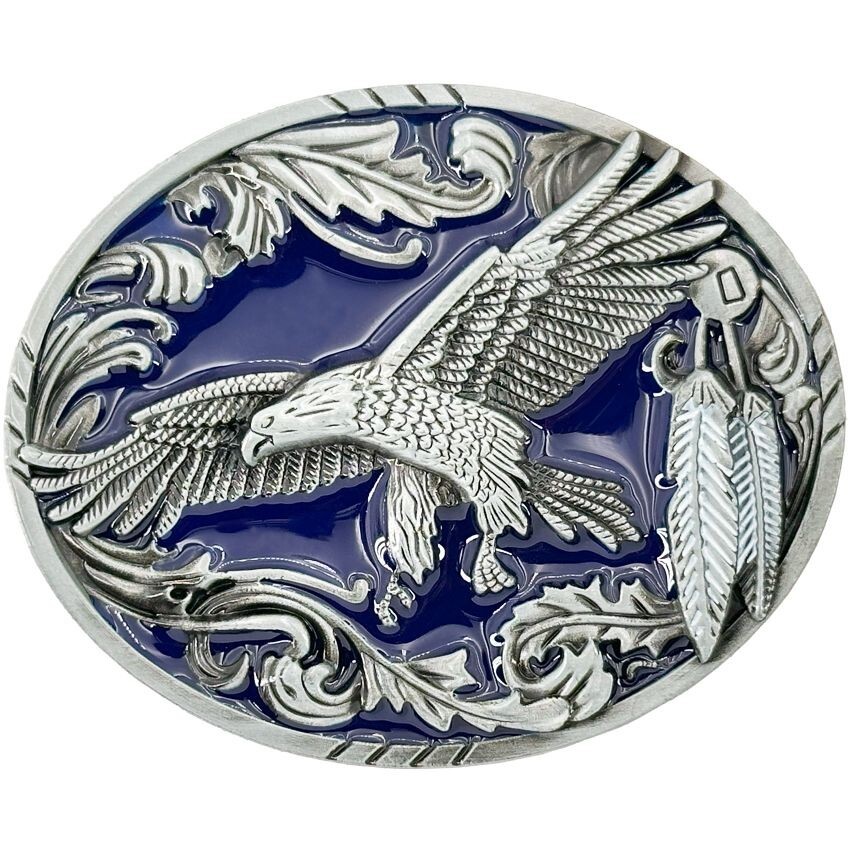 Mens SOARING EAGLE Metal Belt Buckle Western Indian Design Eagle Feathers Blue