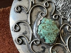 Vintage Sterling Signed Gomez Belt Buckle – Buffalo Turquoise/Coral